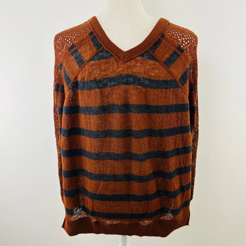 Free People We The Free Striped V-Neck Sweater Rust Brown Grey XS Open Knit Boho